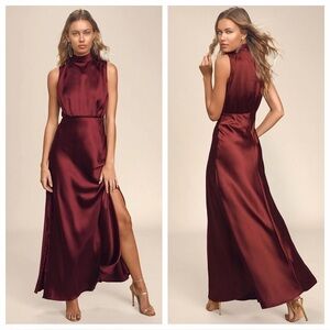 Lulus Classic Elegance Wine Satin Maxi Dress